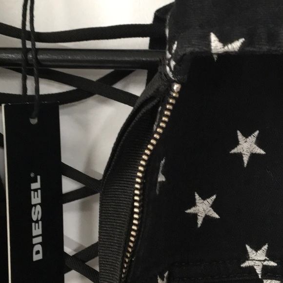 Diesel  Black Denim  Jachet, Embroidery White Stars  skull  open laced back - Picture 12 of 16